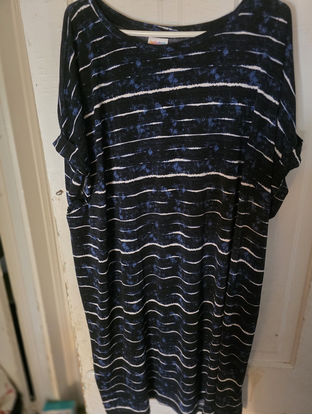 LuLaRoe Black Mini Dress with Blue and White Stripes - Scoop Neck